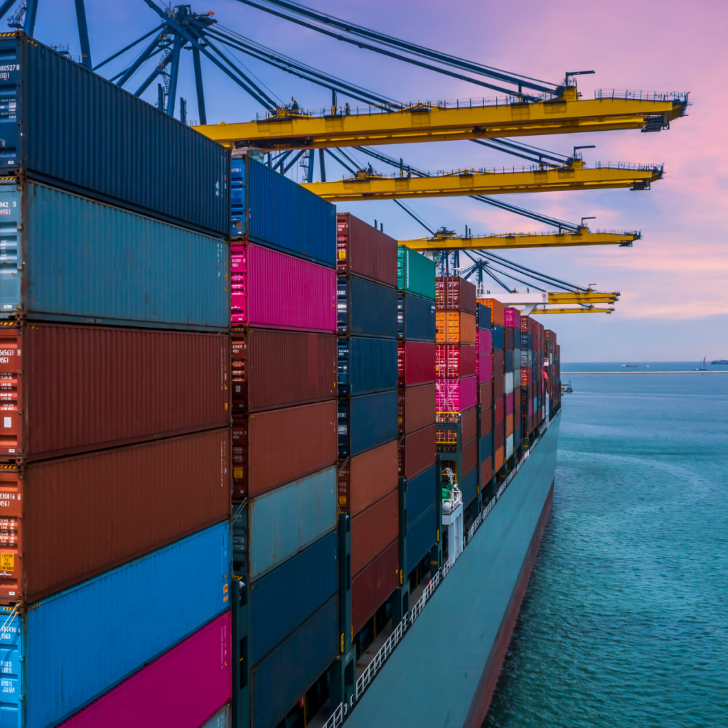 Logistics Report - image showing large ship with containers at sea