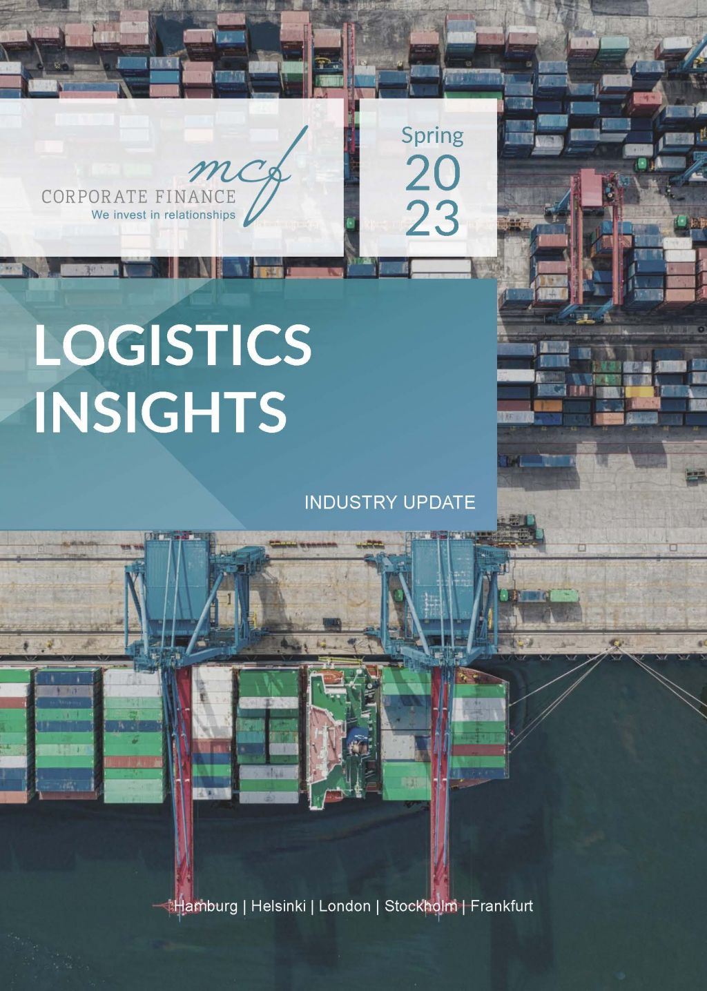 Photo of a container yard and shipping container and front cover to M&A Insights report on Logistics