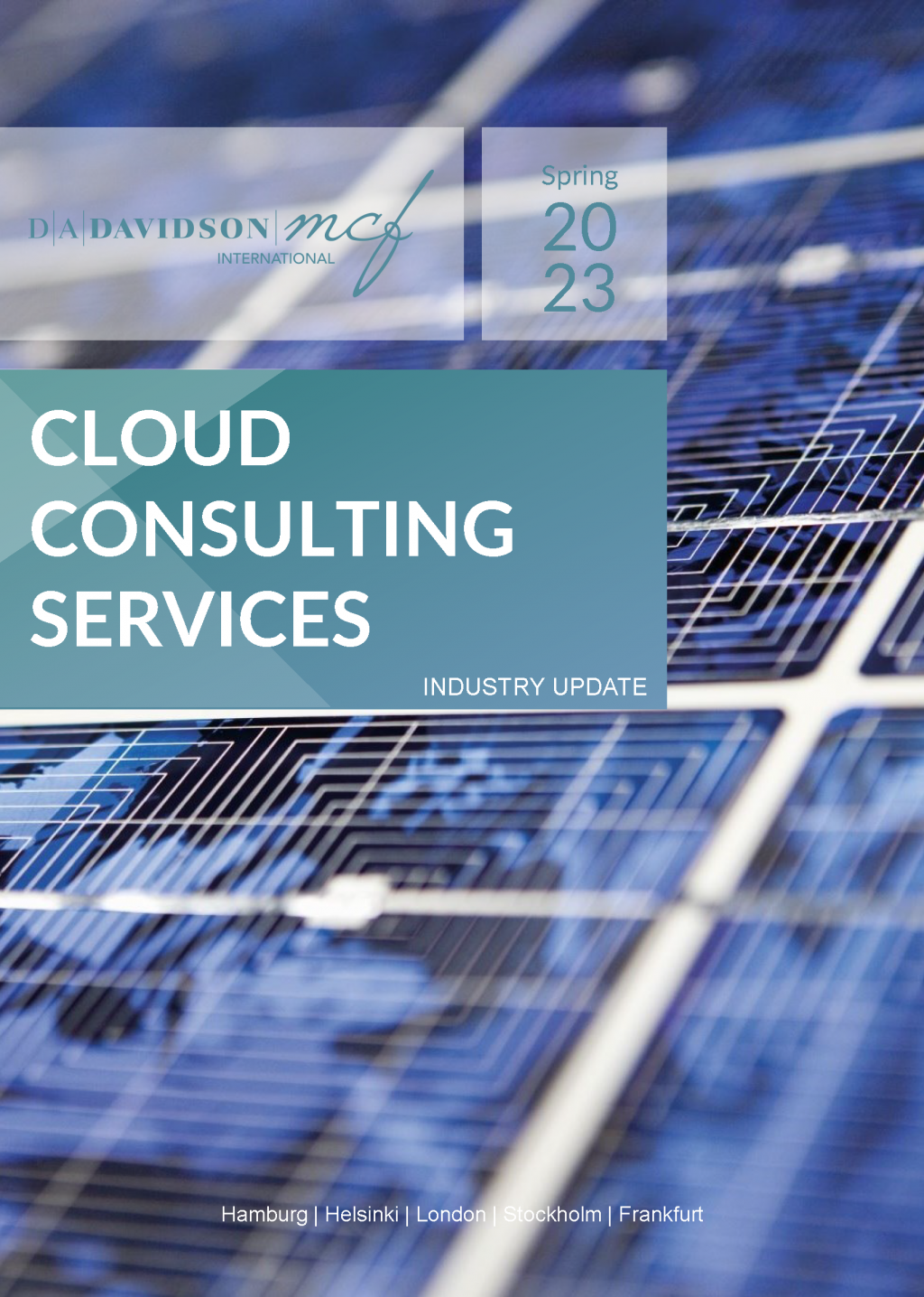 Front cover of the Cloud Consulting Services report - picture of a blue computer chip in the background
