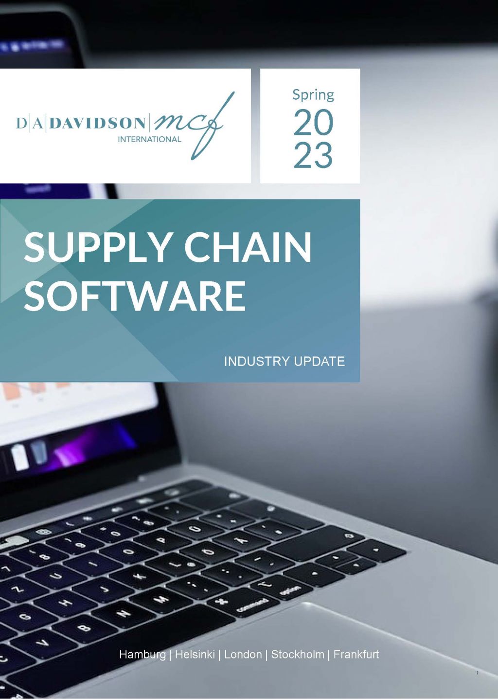 Front cover of M&A Tech report on Supply Chain Software, photo of laptop in the background